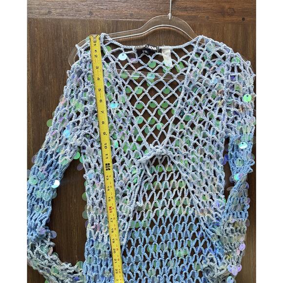 Blue Sequin Mesh Crochet Mermaid Cover Up Dress Maxi Womens XL Fashion Nova Swim - Picture 9 of 11